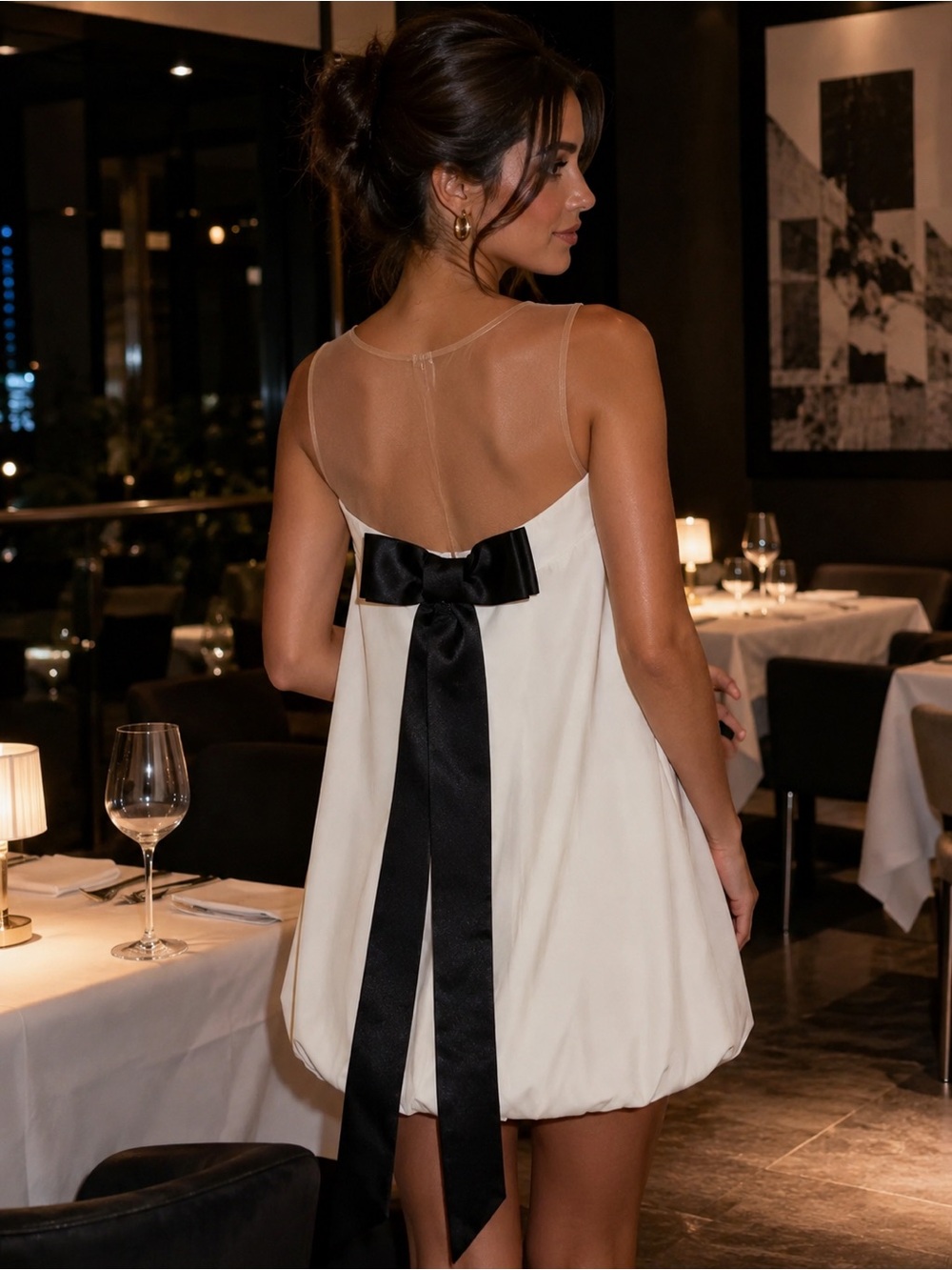 Sheer-Trim Ivory Bubble Mini Dress
